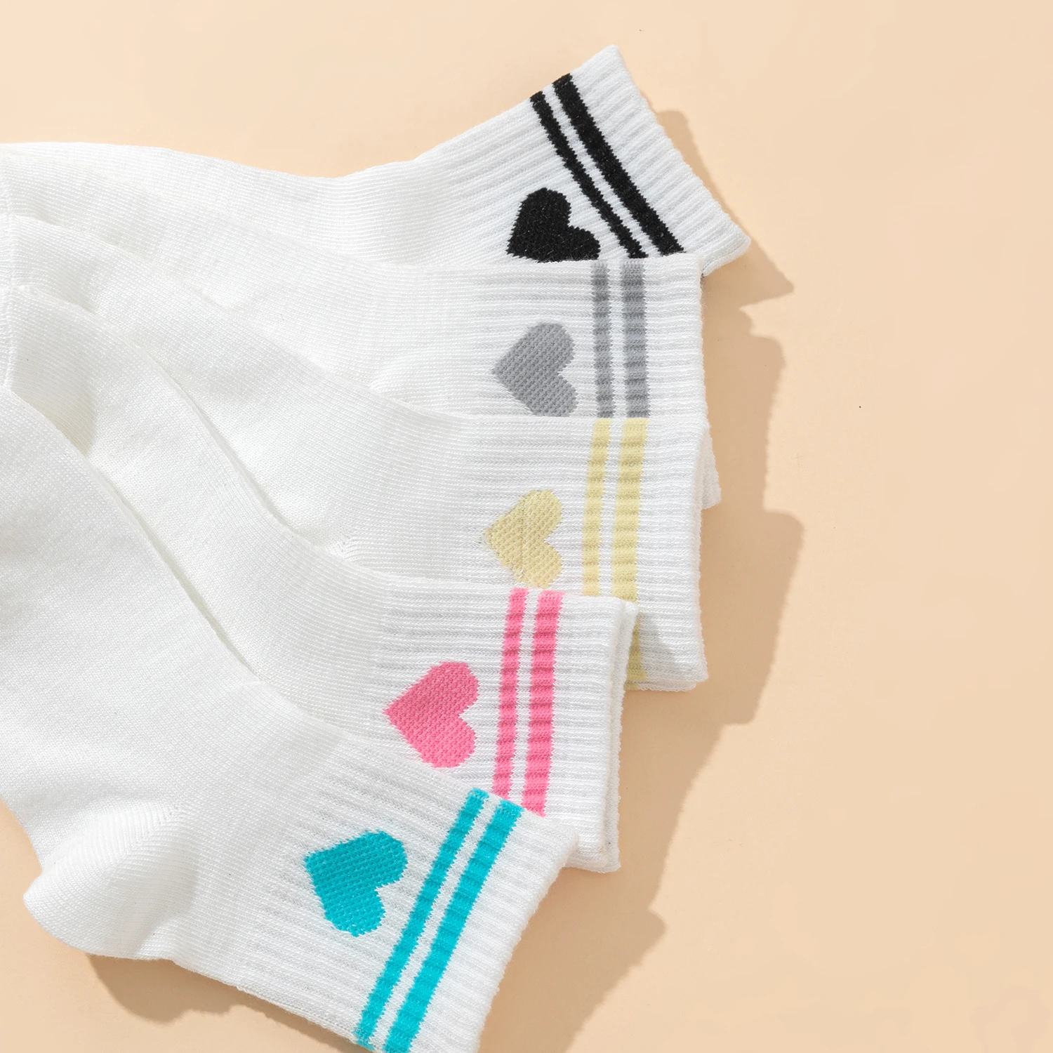 10 Pairs Kids Socks Heart Pattern Bar White Basic Sports Versatile Children's Footwear, Girls' School Socks