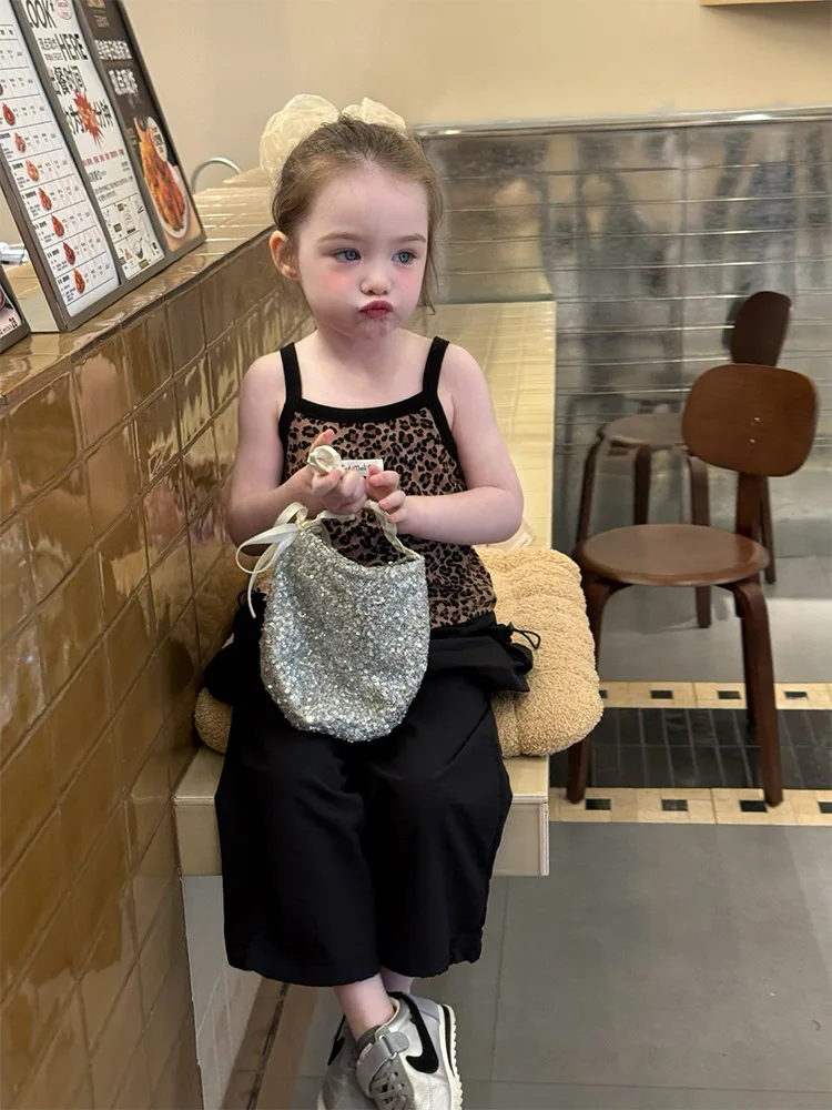 Boutique 2026 Summer New Kids Crop Top Girls Leopard Vest Halter Cute Baby Girls Top Fashion Cotton Tank Top 90-140cm