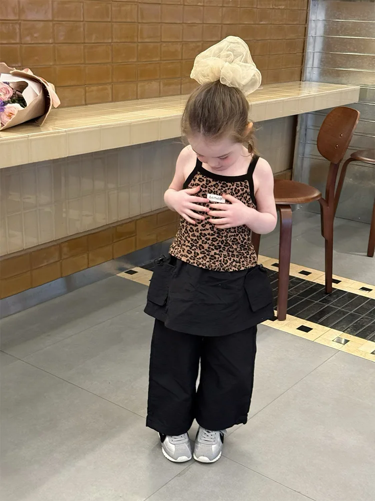 Boutique 2026 Summer New Kids Crop Top Girls Leopard Vest Halter Cute Baby Girls Top Fashion Cotton Tank Top 90-140cm