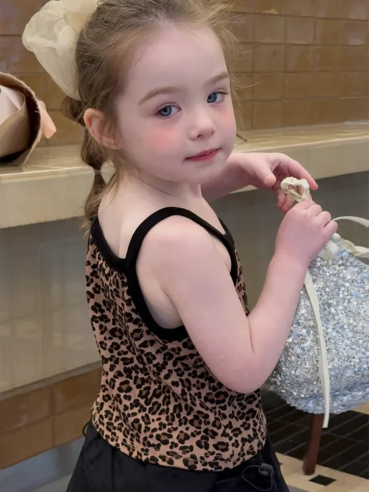 Boutique 2026 Summer New Kids Crop Top Girls Leopard Vest Halter Cute Baby Girls Top Fashion Cotton Tank Top 90-140cm