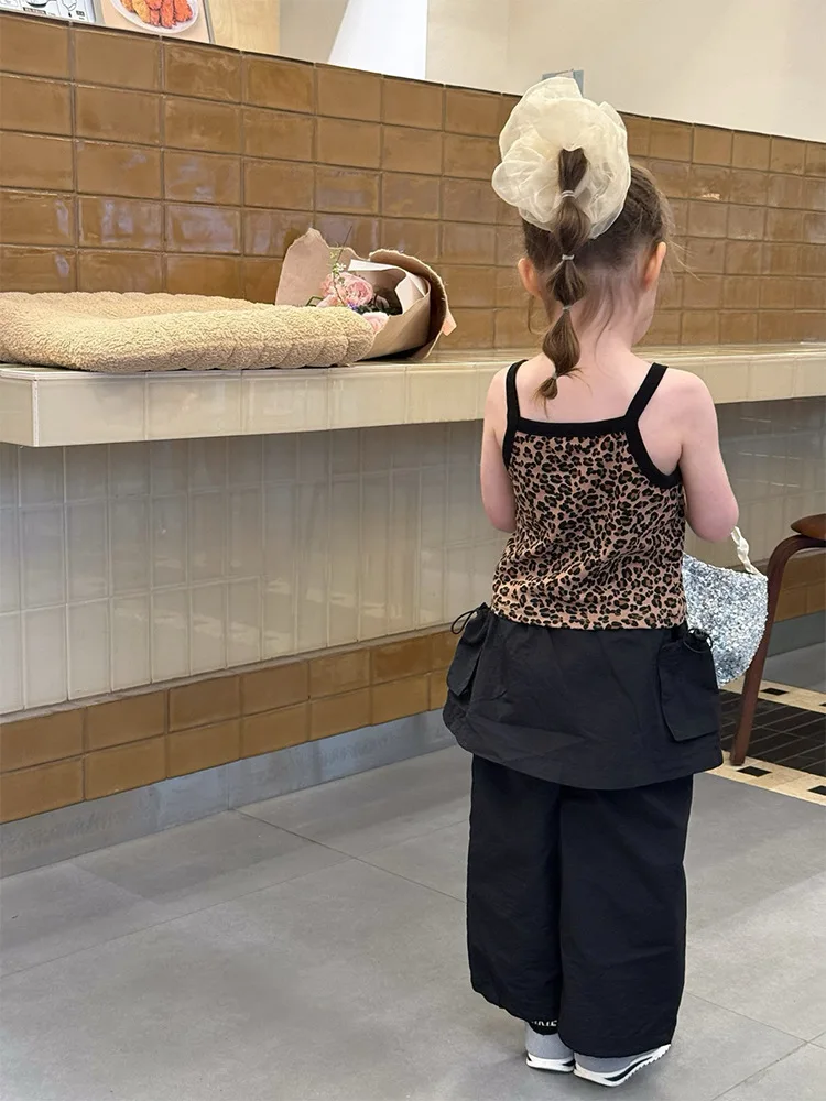 Boutique 2026 Summer New Kids Crop Top Girls Leopard Vest Halter Cute Baby Girls Top Fashion Cotton Tank Top 90-140cm