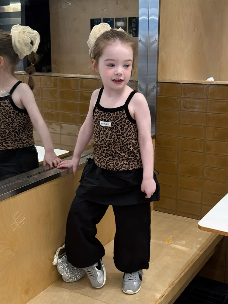Boutique 2026 Summer New Kids Crop Top Girls Leopard Vest Halter Cute Baby Girls Top Fashion Cotton Tank Top 90-140cm