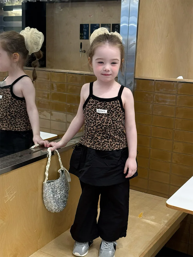 Boutique 2026 Summer New Kids Crop Top Girls Leopard Vest Halter Cute Baby Girls Top Fashion Cotton Tank Top 90-140cm