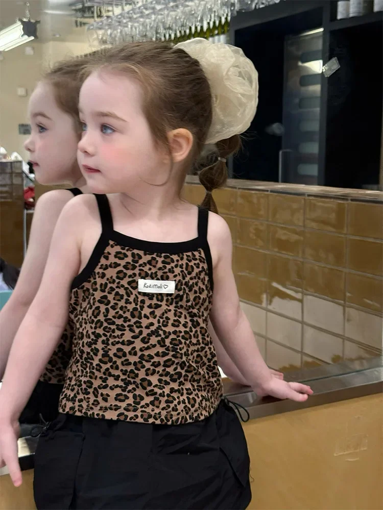 Boutique 2026 Summer New Kids Crop Top Girls Leopard Vest Halter Cute Baby Girls Top Fashion Cotton Tank Top 90-140cm