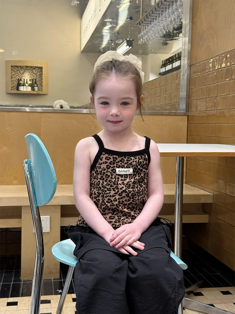 Boutique 2026 Summer New Kids Crop Top Girls Leopard Vest Halter Cute Baby Girls Top Fashion Cotton Tank Top 90-140cm