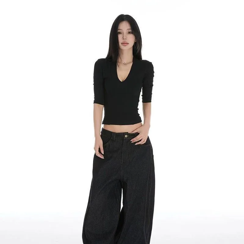 Women's Y2K Black V-Neck Drop Shoulder Short Sleeve Crop T-Shirt Summer Slim Fit Unique Casual Tee Tops Pro Choice Women Clothes