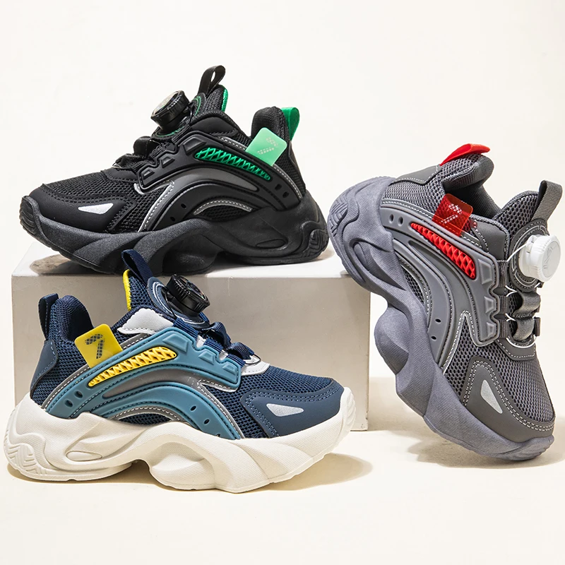 Boys' & Girls' Fashion Chunky Trainers Color-Blocked Sneakers with Rotary Buckle Closure