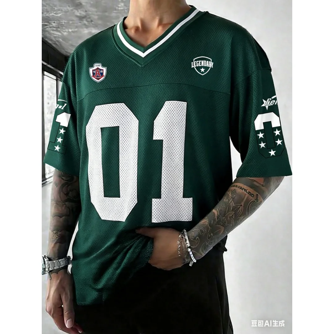 Men Casual Sports Short Sleeve T-Shirt SummerJersey For Men 01 Number Print V Neck Athletic Top Streetwear Fashion Breathable