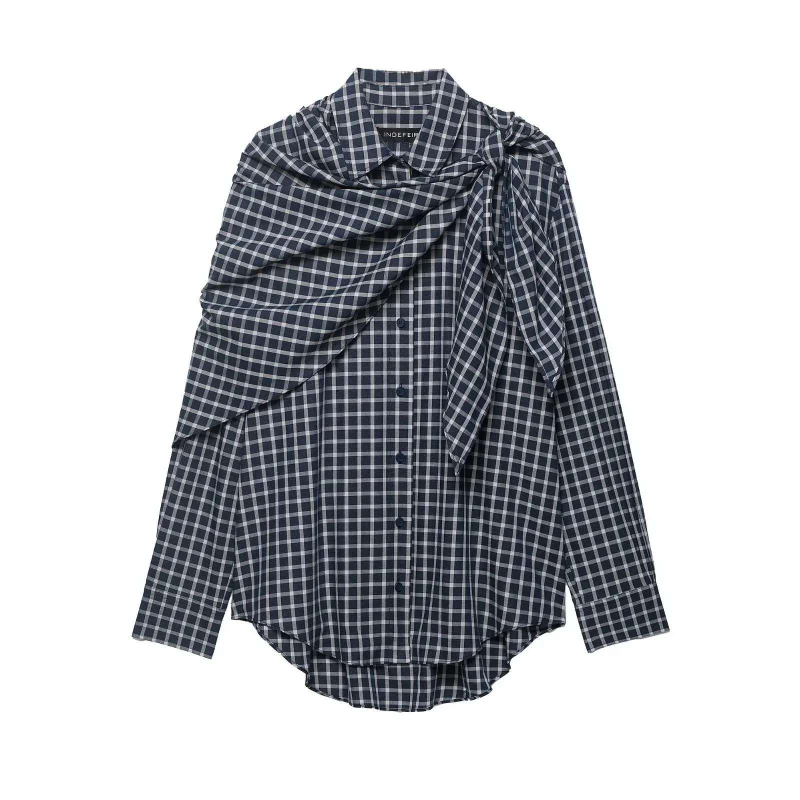 Women Spring Plaid Shirt Women Cape Scarf Button-Up Casual Layered Female Single Breasted Long Sleeved Shirt