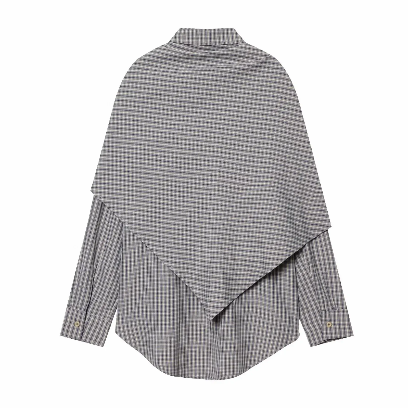 Women Spring Plaid Shirt Women Cape Scarf Button-Up Casual Layered Female Single Breasted Long Sleeved Shirt
