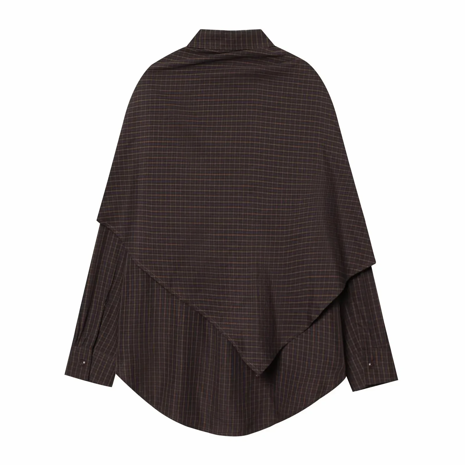 Women Spring Plaid Shirt Women Cape Scarf Button-Up Casual Layered Female Single Breasted Long Sleeved Shirt