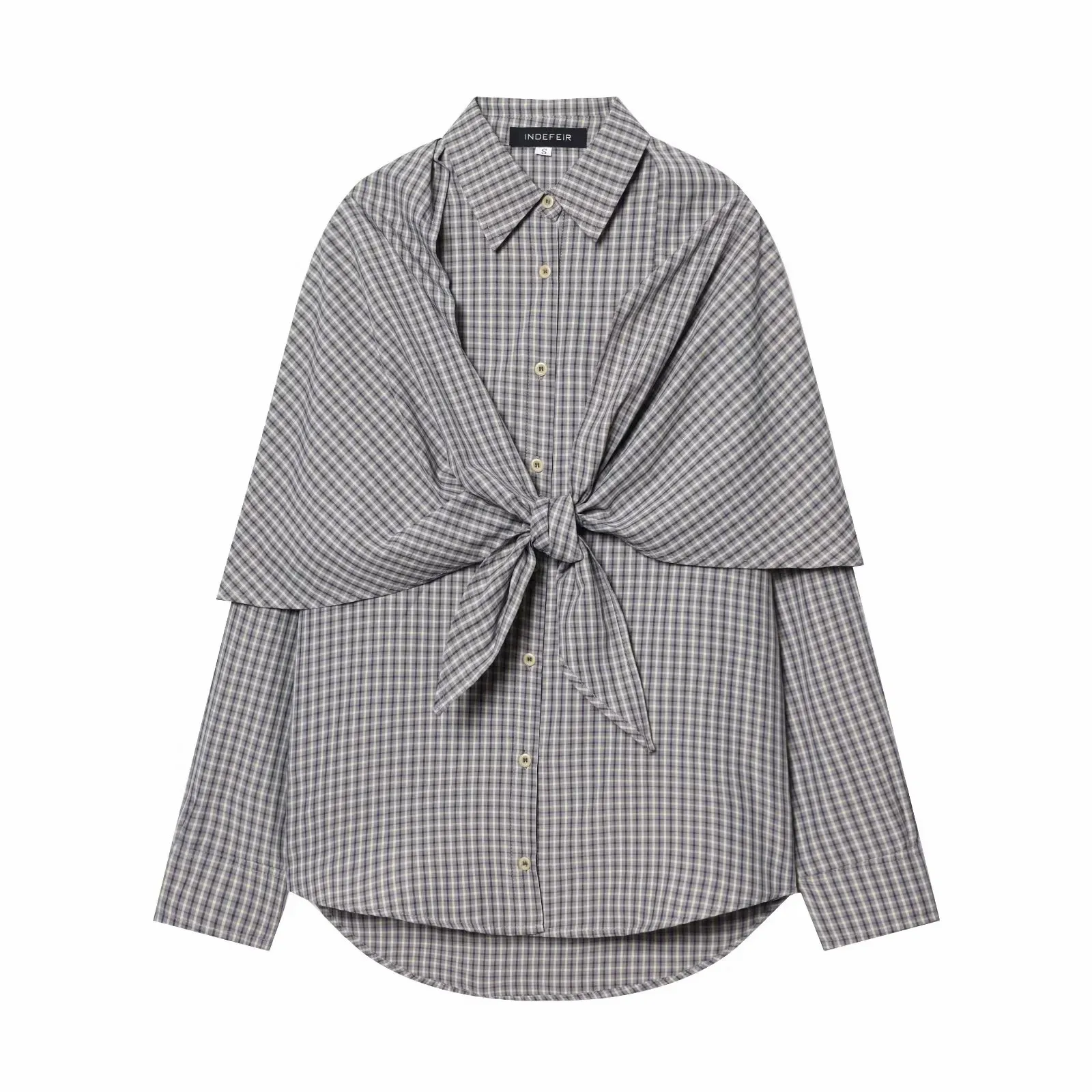 Women Spring Plaid Shirt Women Cape Scarf Button-Up Casual Layered Female Single Breasted Long Sleeved Shirt