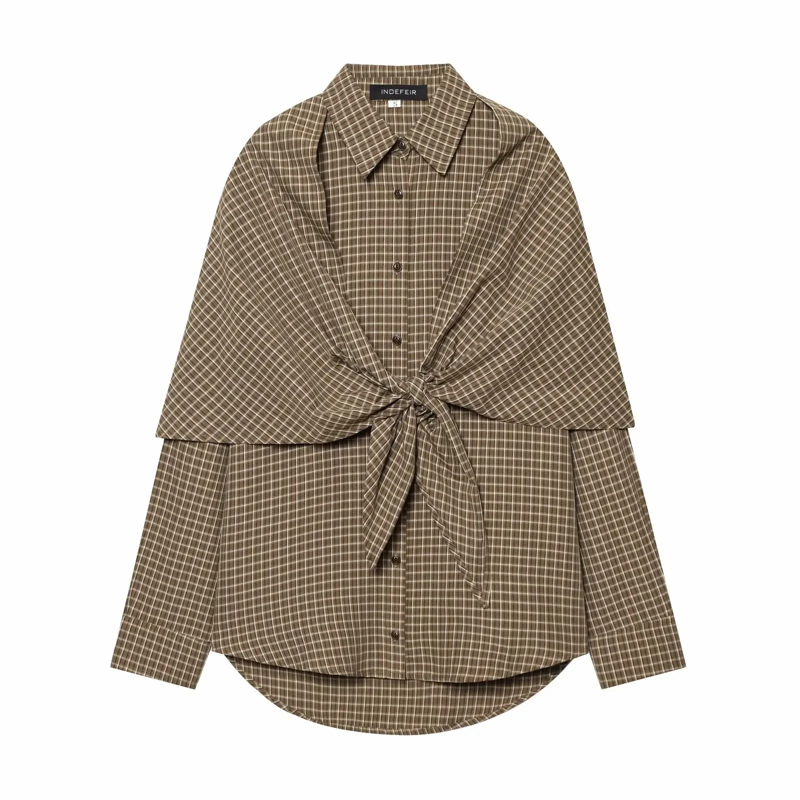 Women Spring Plaid Shirt Women Cape Scarf Button-Up Casual Layered Female Single Breasted Long Sleeved Shirt