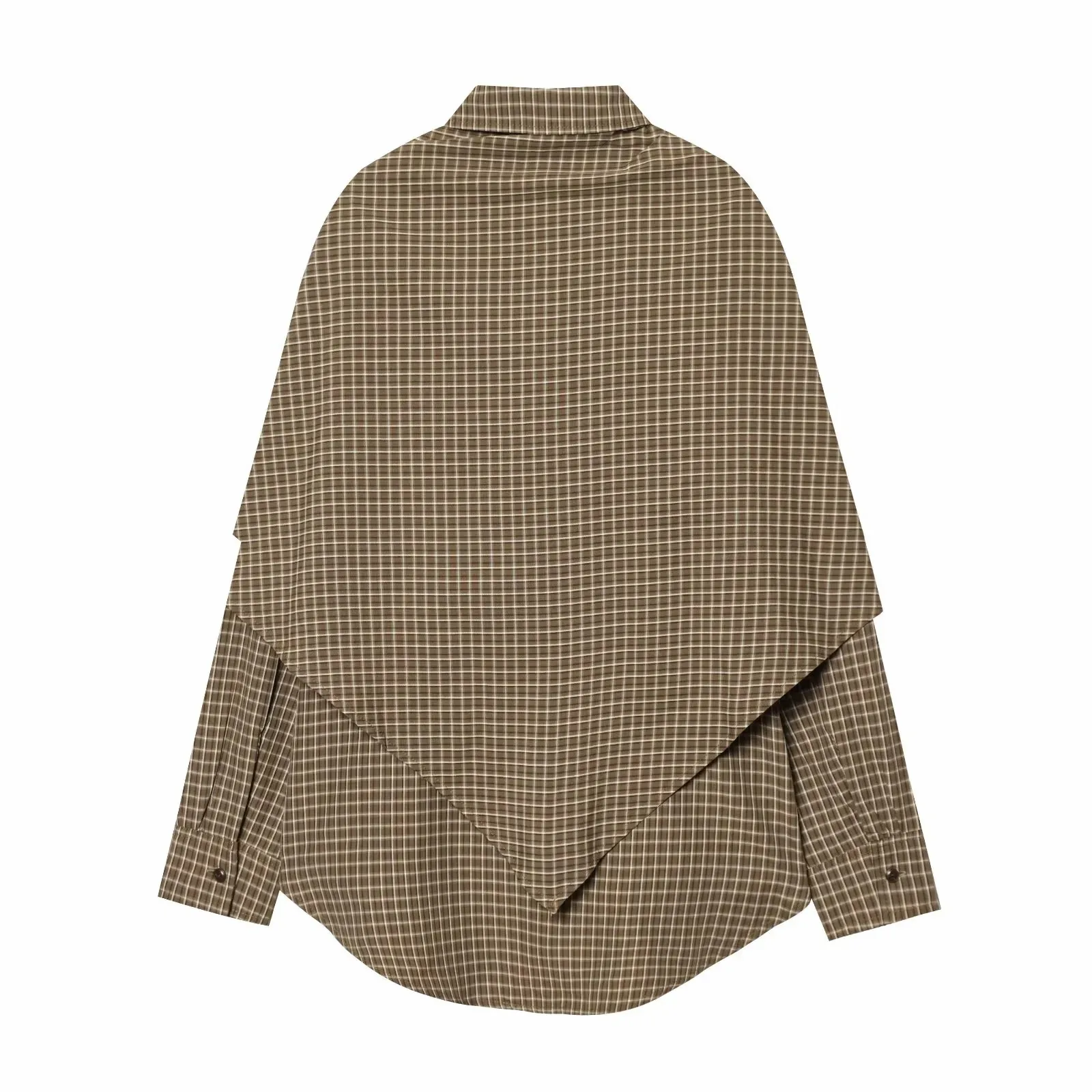 Women Spring Plaid Shirt Women Cape Scarf Button-Up Casual Layered Female Single Breasted Long Sleeved Shirt
