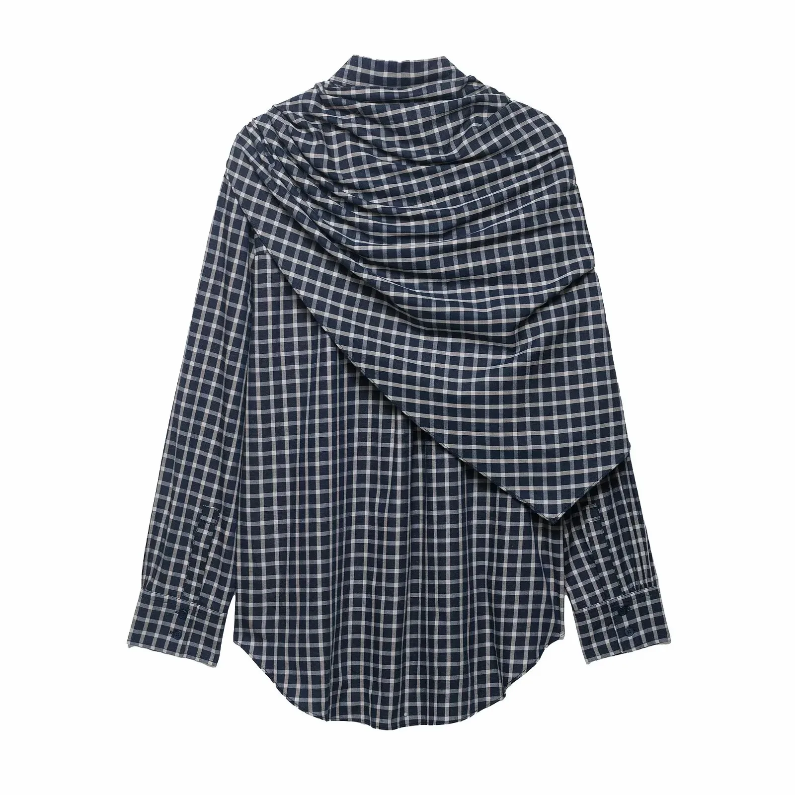 Women Spring Plaid Shirt Women Cape Scarf Button-Up Casual Layered Female Single Breasted Long Sleeved Shirt
