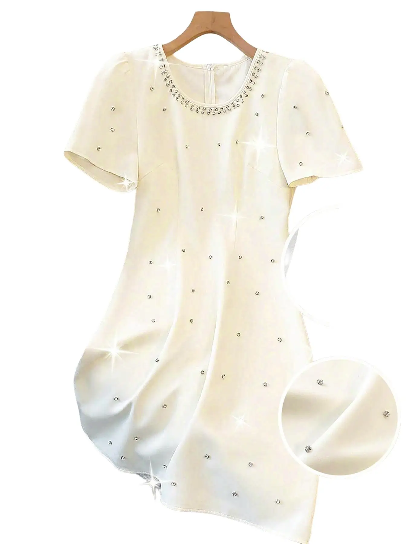 Elegant Women's Fitted Short Sleeve Dress with Rhinestone Design, Chic Plain Dress for Parties and Events, Stylish for Summer