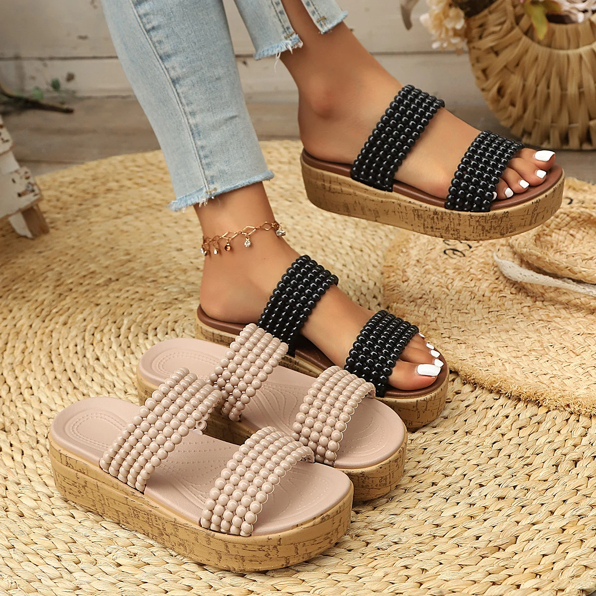 New Summer Round Toe Comfortable Sexy Casual Versatile Slippers Fashionable Non-slip Wear-resistant Beaded Slippers for Women