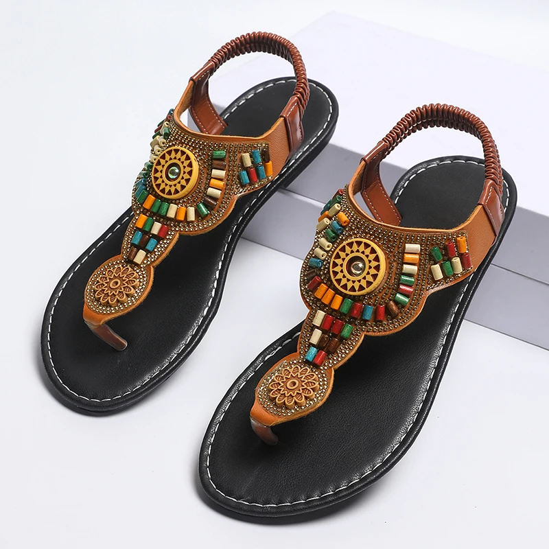 Fashion Beads Bohemian Sandals for Women Summer Clip Toe Flat Sole Sandles Woman Elastic Belt Slip On Rome Sandals Plus Size 43