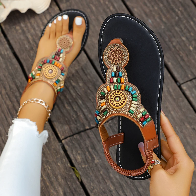 Fashion Beads Bohemian Sandals for Women Summer Clip Toe Flat Sole Sandles Woman Elastic Belt Slip On Rome Sandals Plus Size 43