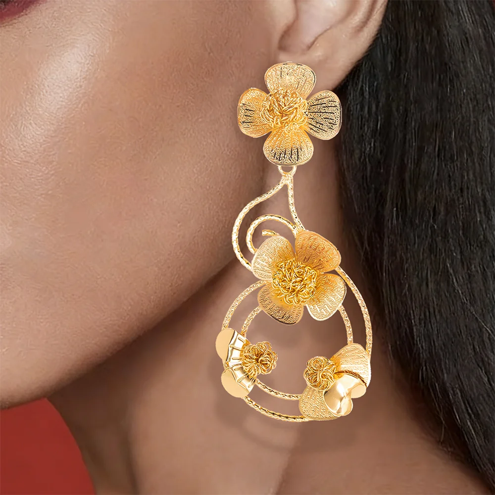 GZJPEI Fashion Statement Big Drop Earrings For Women Italian Dubai 18K Gold Color Large Flower Earring Fine Party Jewelry Gifts