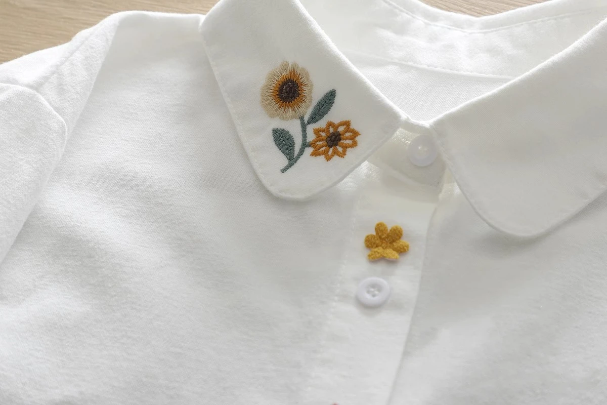 Pure Cotton Long-Sleeve Shirt for Women, New Spring and Autumn Style, Versatile, Artistic Sunflower Embroidery, 3D Cute Rabbit Shirt, Student Casual Layered Top