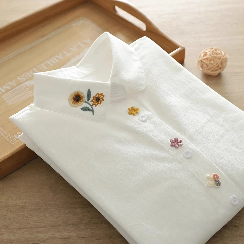 Pure Cotton Long-Sleeve Shirt for Women, New Spring and Autumn Style, Versatile, Artistic Sunflower Embroidery, 3D Cute Rabbit Shirt, Student Casual Layered Top