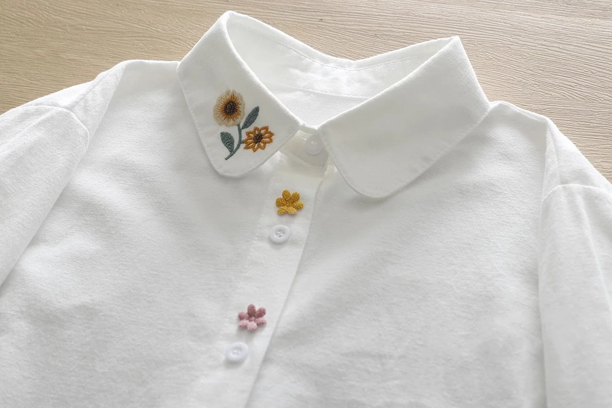 Pure Cotton Long-Sleeve Shirt for Women, New Spring and Autumn Style, Versatile, Artistic Sunflower Embroidery, 3D Cute Rabbit Shirt, Student Casual Layered Top