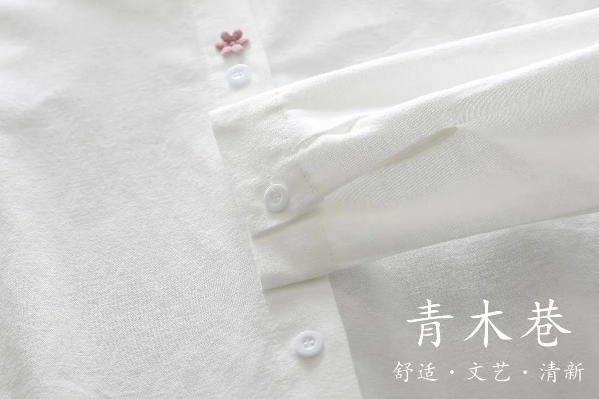 Pure Cotton Long-Sleeve Shirt for Women, New Spring and Autumn Style, Versatile, Artistic Sunflower Embroidery, 3D Cute Rabbit Shirt, Student Casual Layered Top