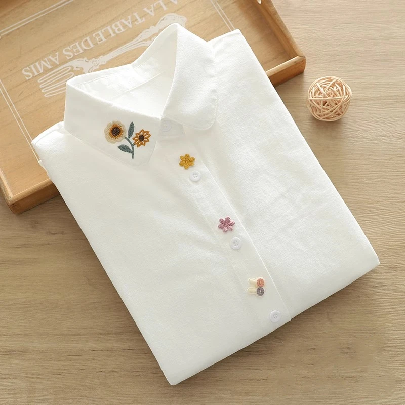 Pure Cotton Long-Sleeve Shirt for Women, New Spring and Autumn Style, Versatile, Artistic Sunflower Embroidery, 3D Cute Rabbit Shirt, Student Casual Layered Top