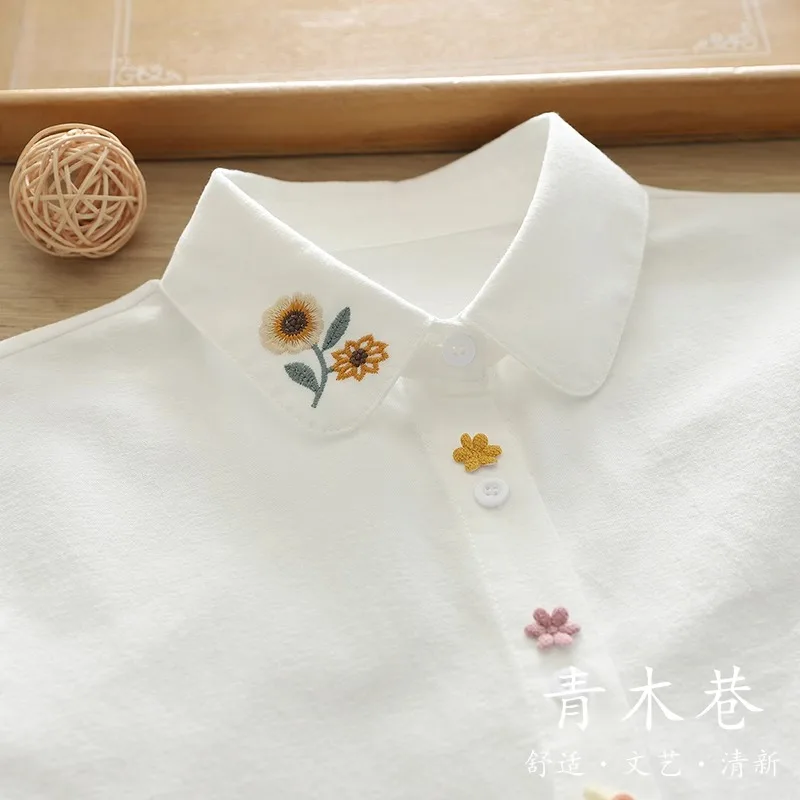Pure Cotton Long-Sleeve Shirt for Women, New Spring and Autumn Style, Versatile, Artistic Sunflower Embroidery, 3D Cute Rabbit Shirt, Student Casual Layered Top