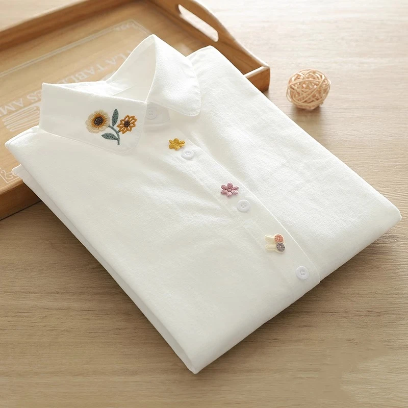 Pure Cotton Long-Sleeve Shirt for Women, New Spring and Autumn Style, Versatile, Artistic Sunflower Embroidery, 3D Cute Rabbit Shirt, Student Casual Layered Top