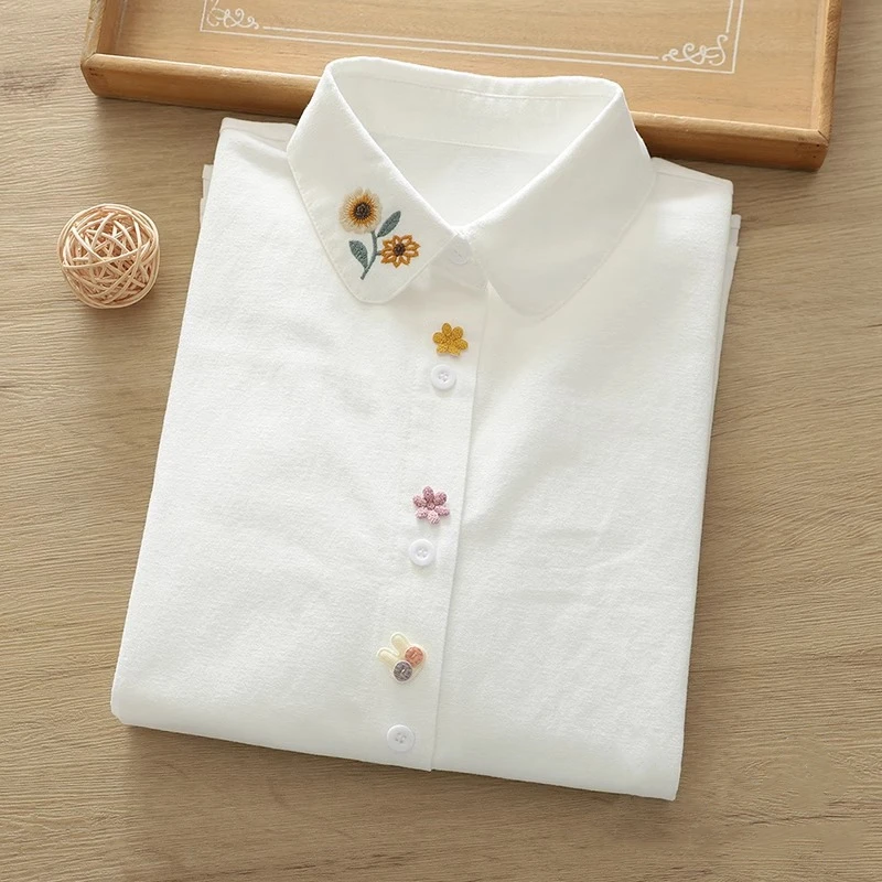 Pure Cotton Long-Sleeve Shirt for Women, New Spring and Autumn Style, Versatile, Artistic Sunflower Embroidery, 3D Cute Rabbit Shirt, Student Casual Layered Top