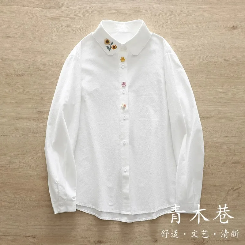 Pure Cotton Long-Sleeve Shirt for Women, New Spring and Autumn Style, Versatile, Artistic Sunflower Embroidery, 3D Cute Rabbit Shirt, Student Casual Layered Top