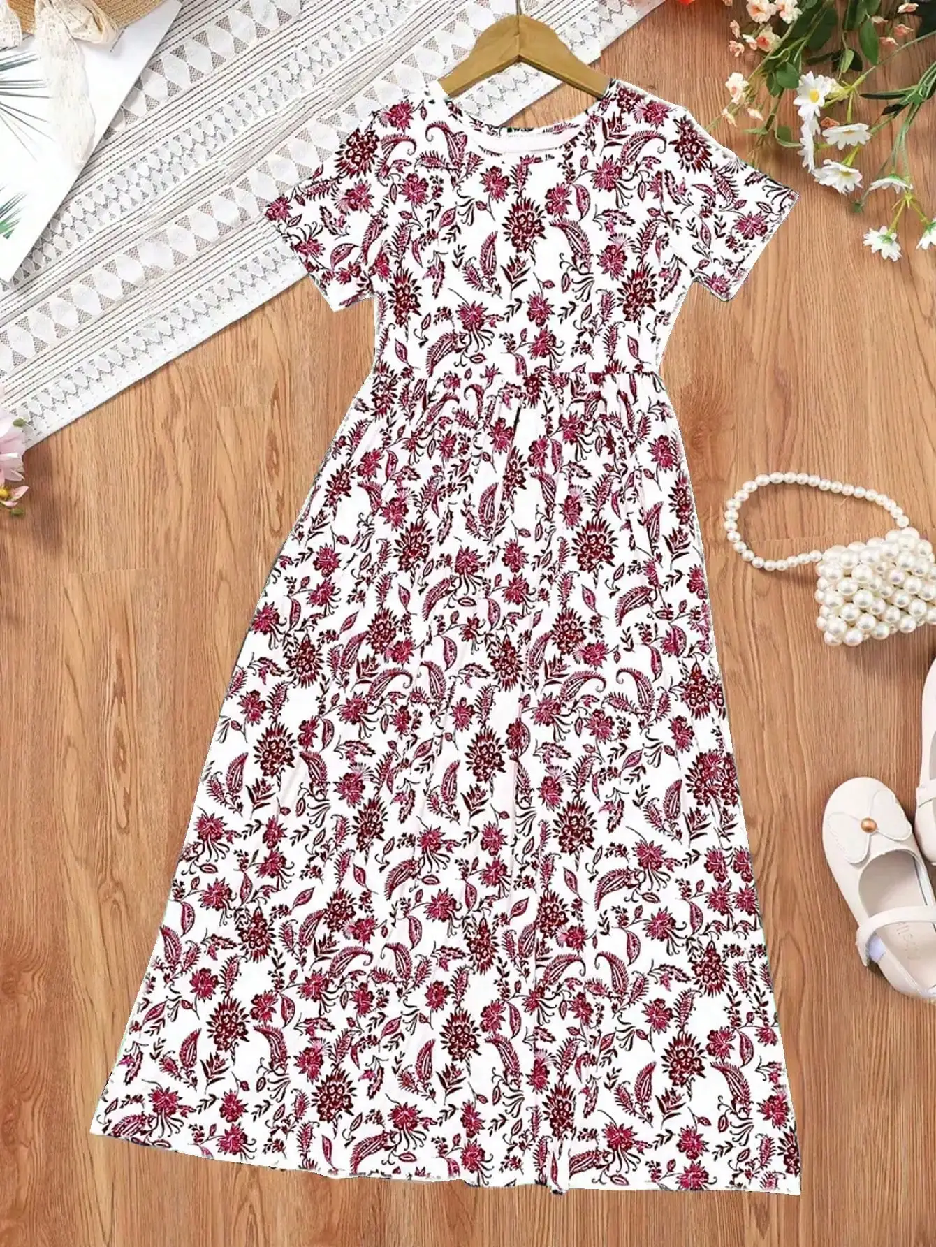 2026 Casual Bohemian Style Paisley Patterned Short Sleeved Mid Length Dress, Girls' Holiday Casual Dress, Summer Gift