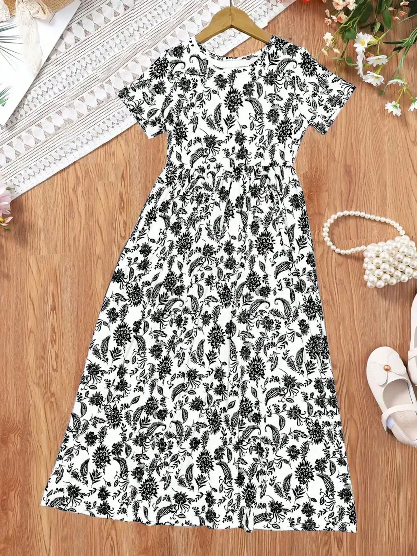2026 Casual Bohemian Style Paisley Patterned Short Sleeved Mid Length Dress, Girls' Holiday Casual Dress, Summer Gift