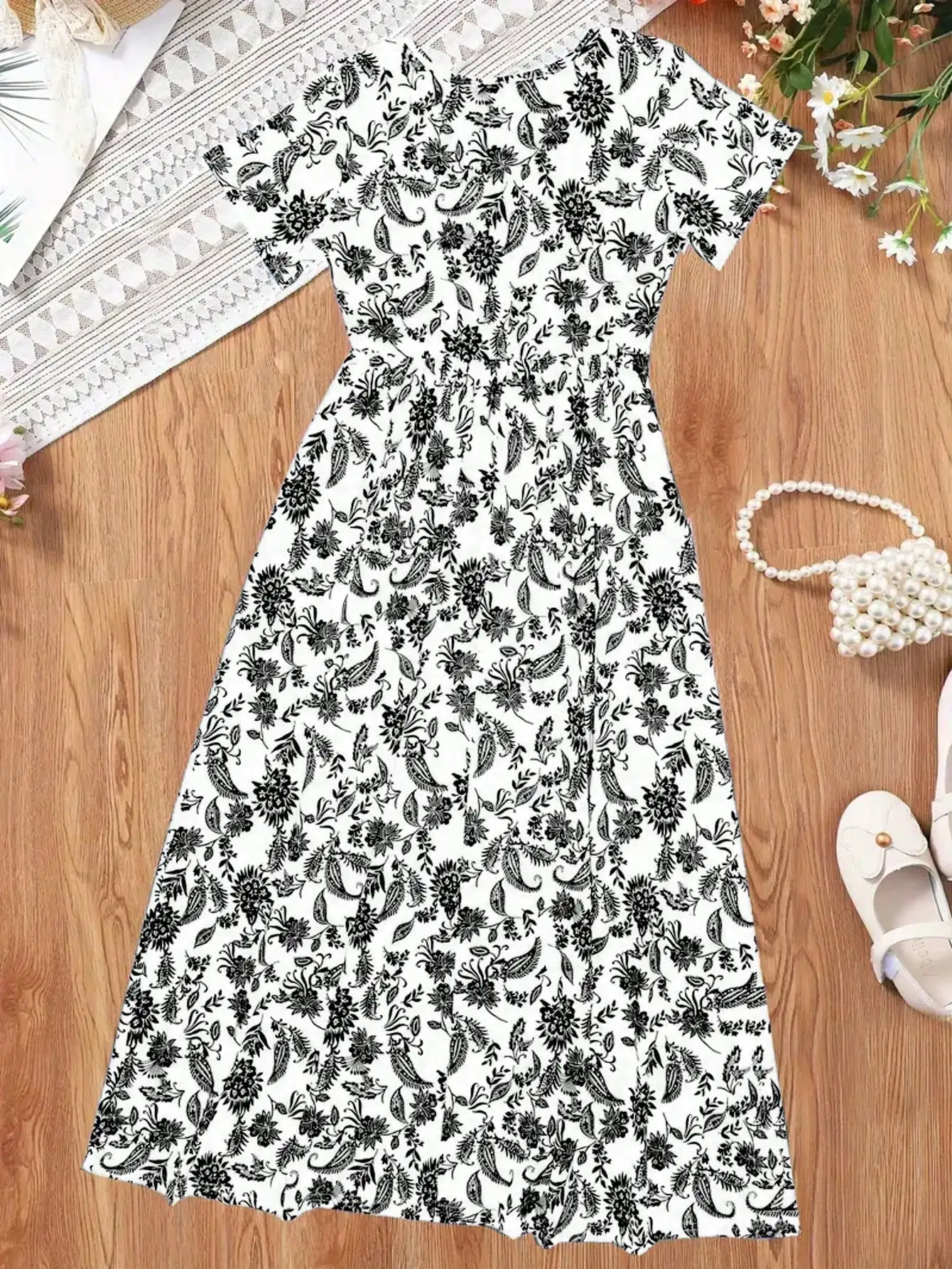 2026 Casual Bohemian Style Paisley Patterned Short Sleeved Mid Length Dress, Girls' Holiday Casual Dress, Summer Gift