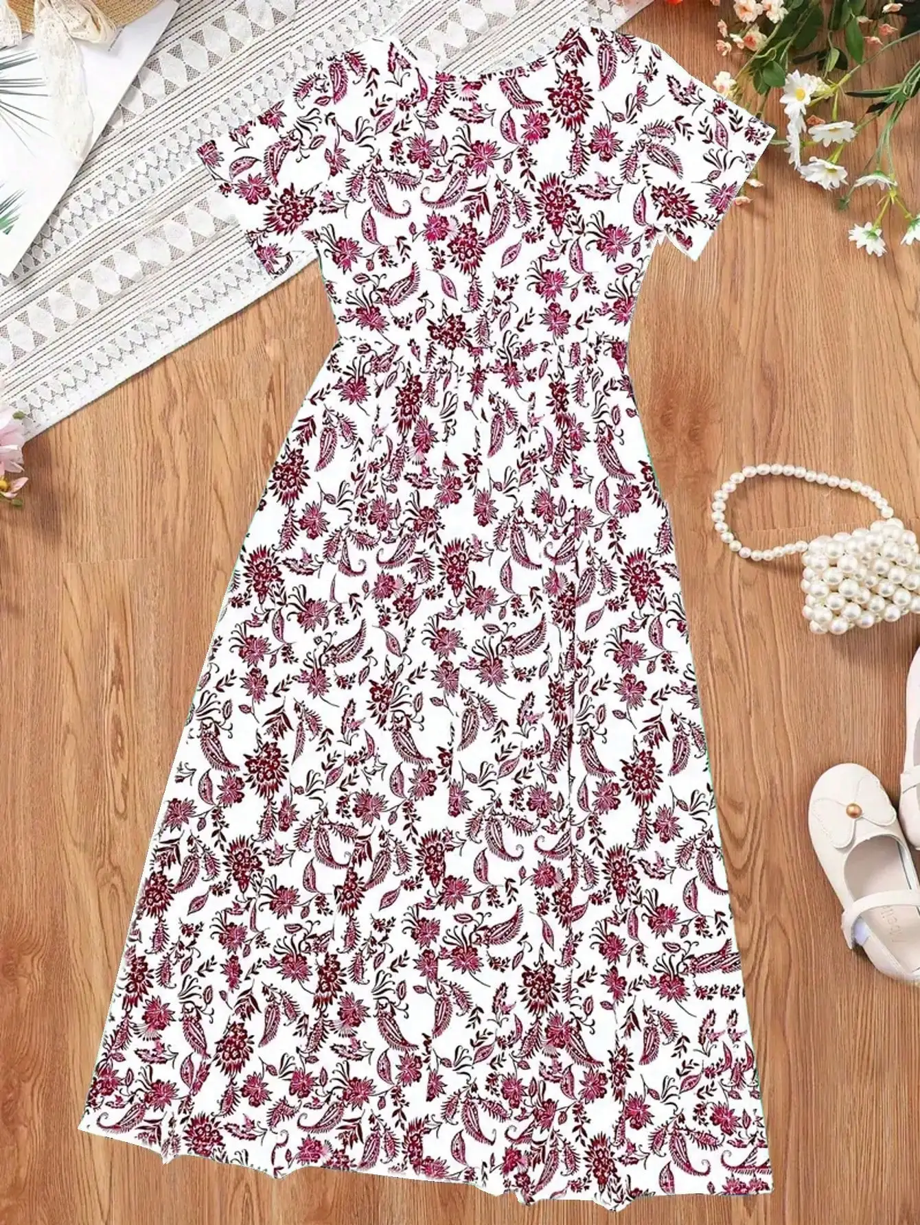 2026 Casual Bohemian Style Paisley Patterned Short Sleeved Mid Length Dress, Girls' Holiday Casual Dress, Summer Gift