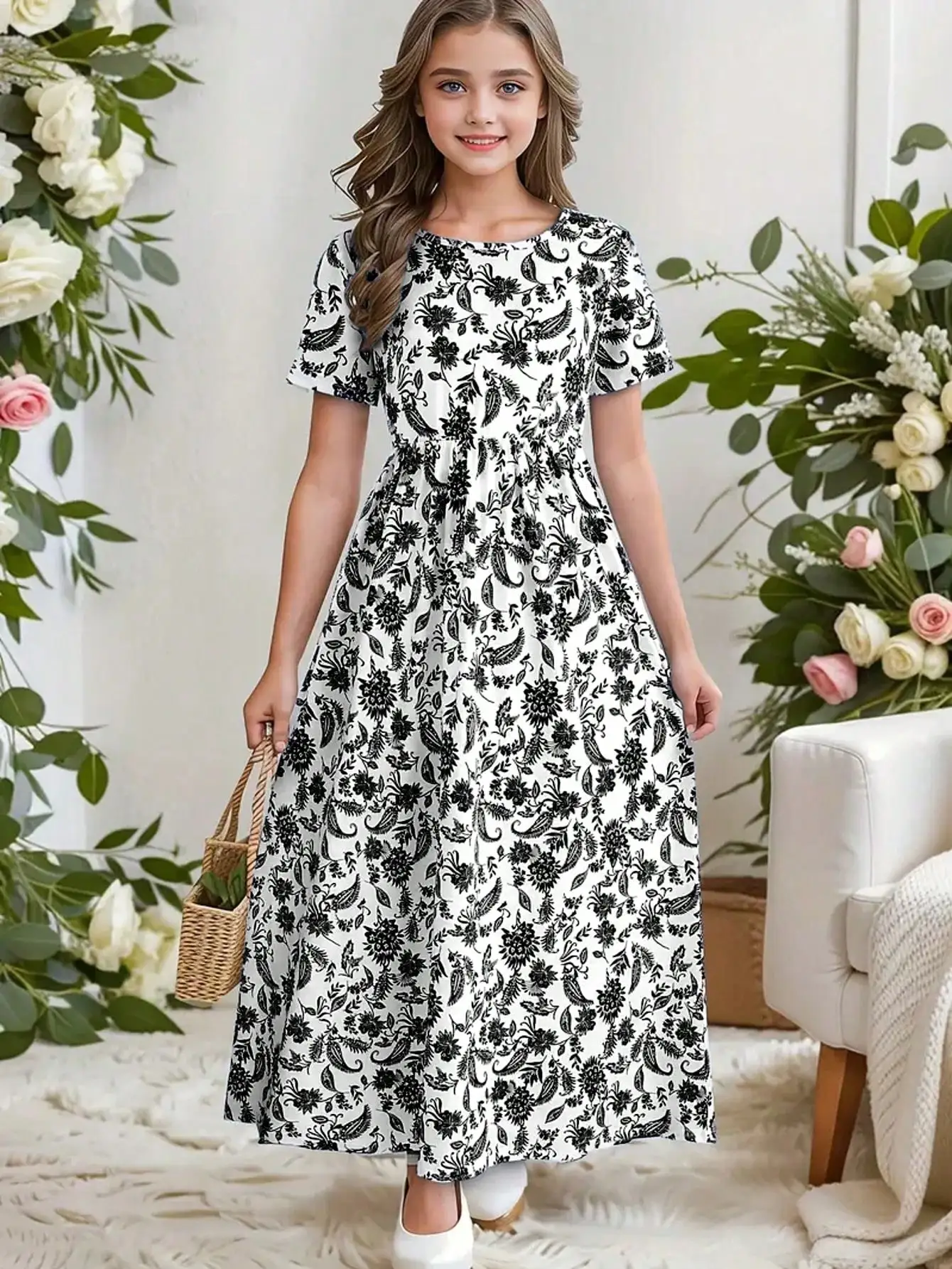 2026 Casual Bohemian Style Paisley Patterned Short Sleeved Mid Length Dress, Girls' Holiday Casual Dress, Summer Gift
