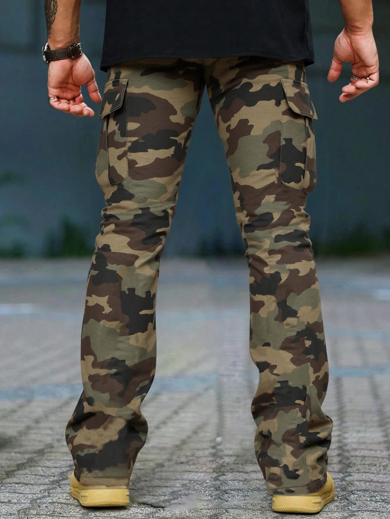 Men's Simple Camo Casual Pants, Long Straight Leg Outdoors Hiking Pants, Fashion Slim Fit Bell Bottoms, Spring & Fall Wear