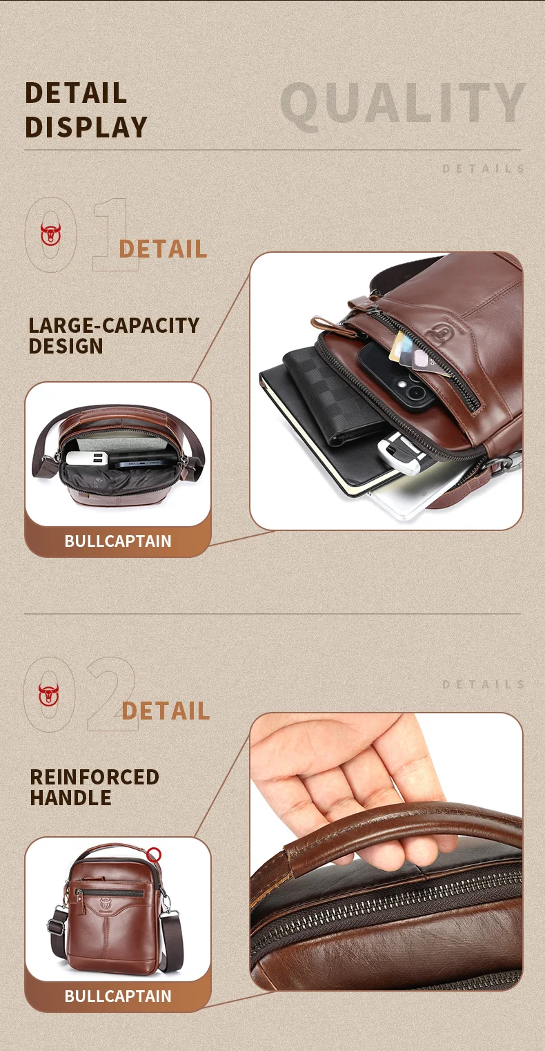 BULLCAPTAIN Men's crossbody bag, fashionable genuine leather bag, trendy retro men's top layer cowhide shoulder bag