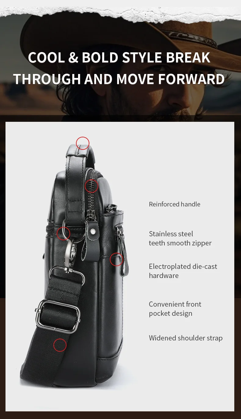 BULLCAPTAIN Men's crossbody bag, fashionable genuine leather bag, trendy retro men's top layer cowhide shoulder bag