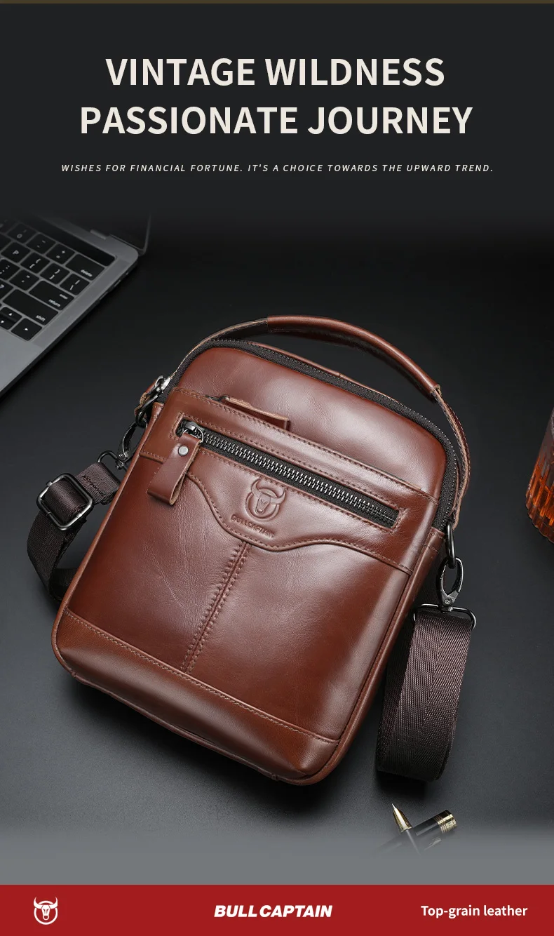 BULLCAPTAIN Men's crossbody bag, fashionable genuine leather bag, trendy retro men's top layer cowhide shoulder bag