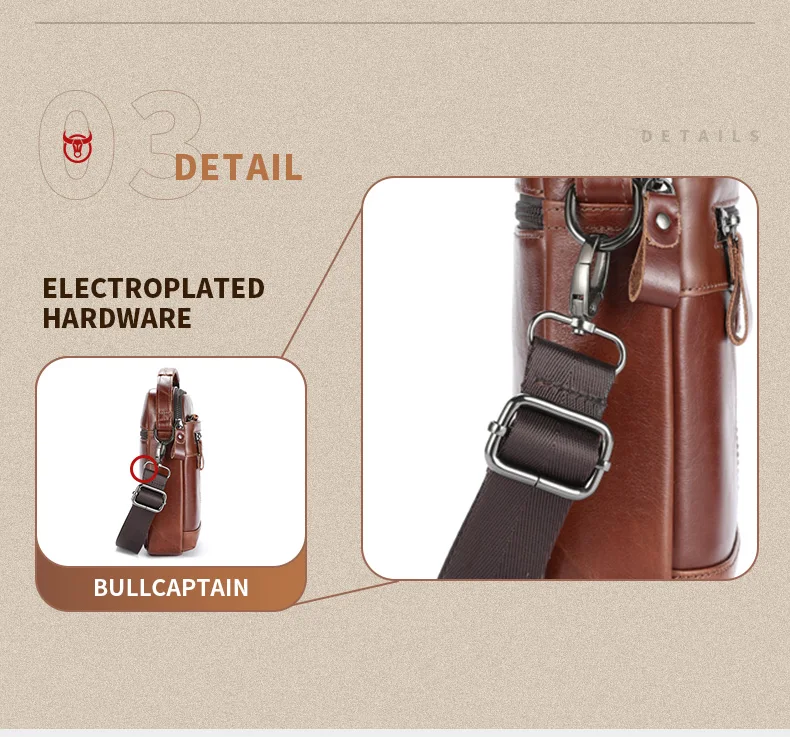 BULLCAPTAIN Men's crossbody bag, fashionable genuine leather bag, trendy retro men's top layer cowhide shoulder bag