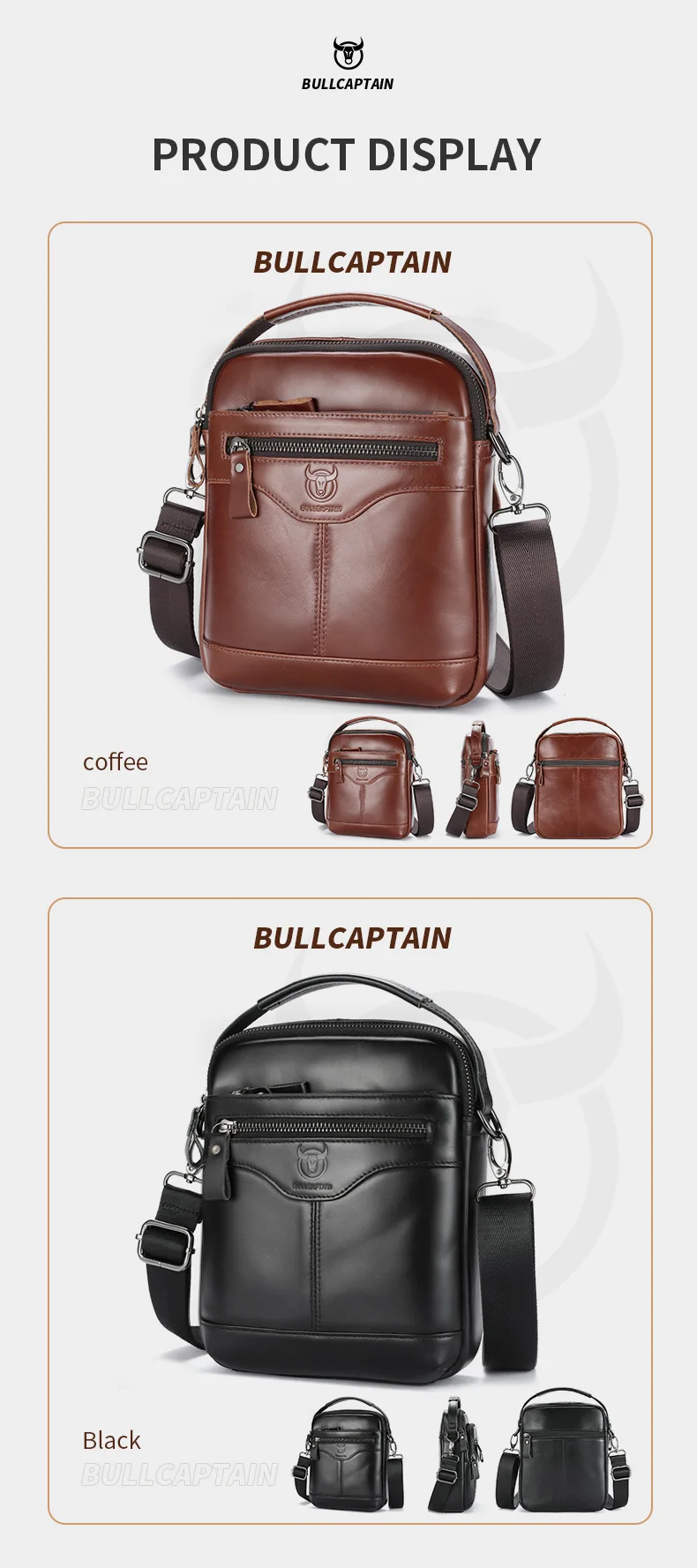 BULLCAPTAIN Men's crossbody bag, fashionable genuine leather bag, trendy retro men's top layer cowhide shoulder bag