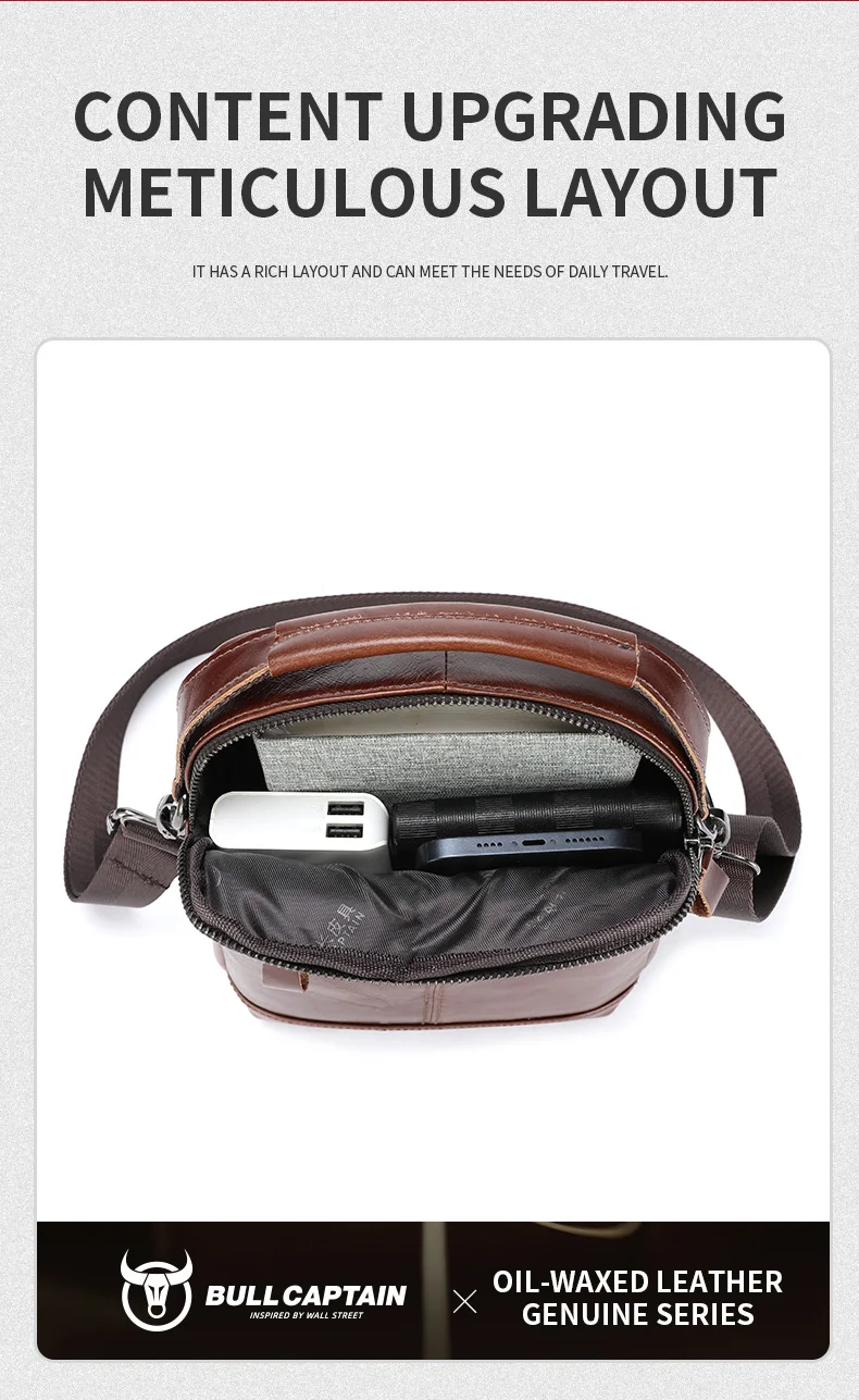 BULLCAPTAIN Men's crossbody bag, fashionable genuine leather bag, trendy retro men's top layer cowhide shoulder bag