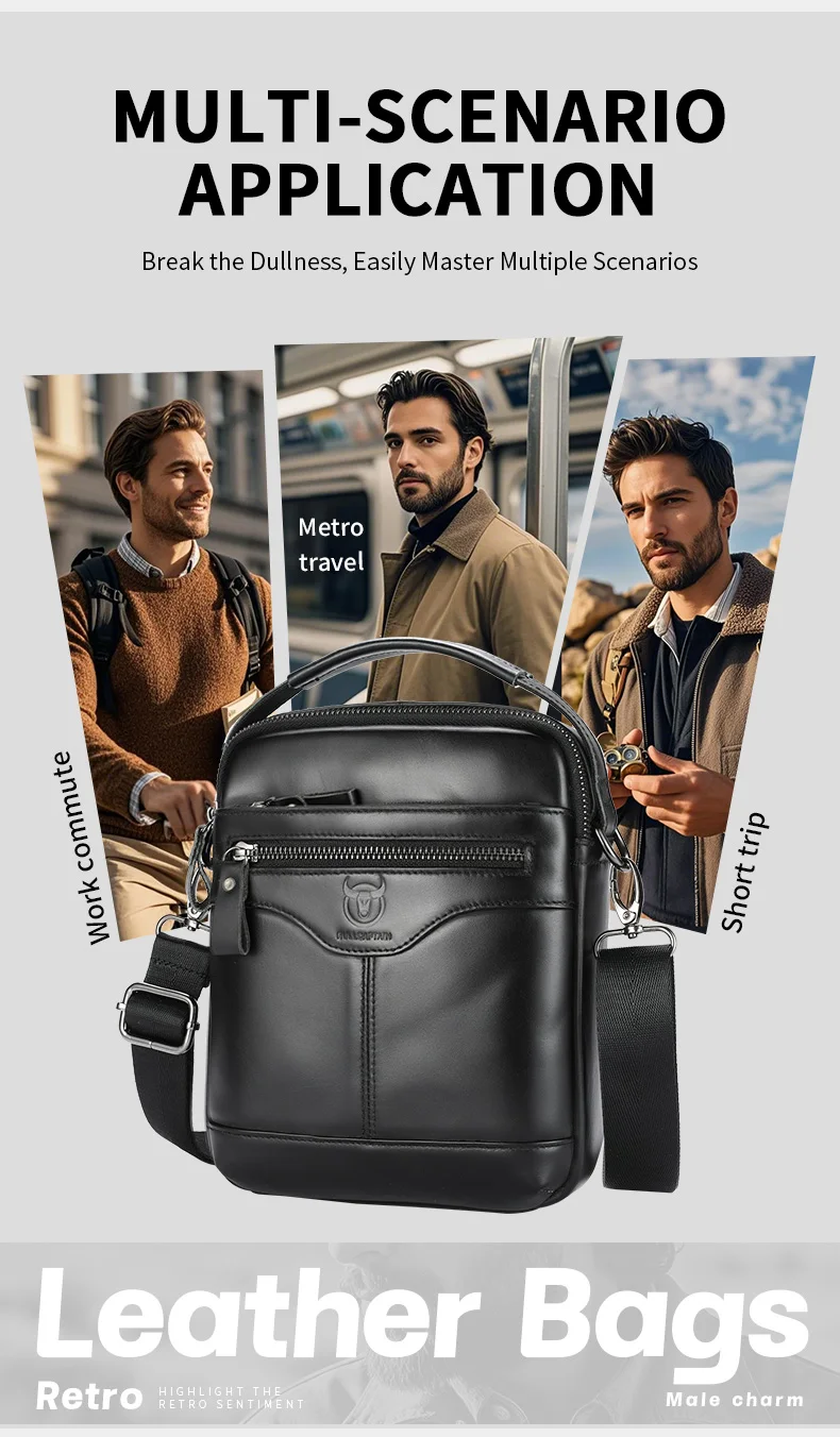 BULLCAPTAIN Men's crossbody bag, fashionable genuine leather bag, trendy retro men's top layer cowhide shoulder bag