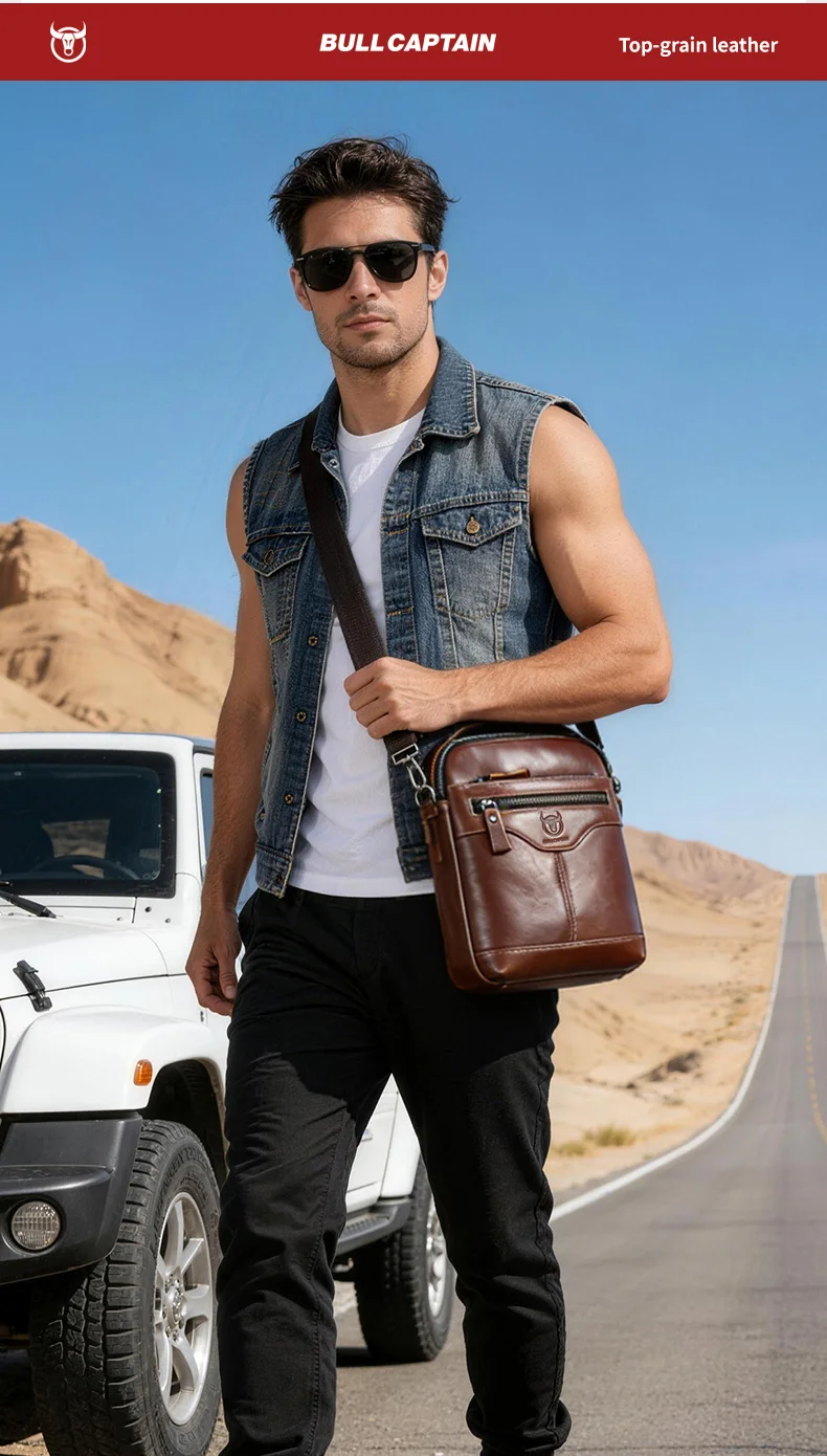 BULLCAPTAIN Men's crossbody bag, fashionable genuine leather bag, trendy retro men's top layer cowhide shoulder bag