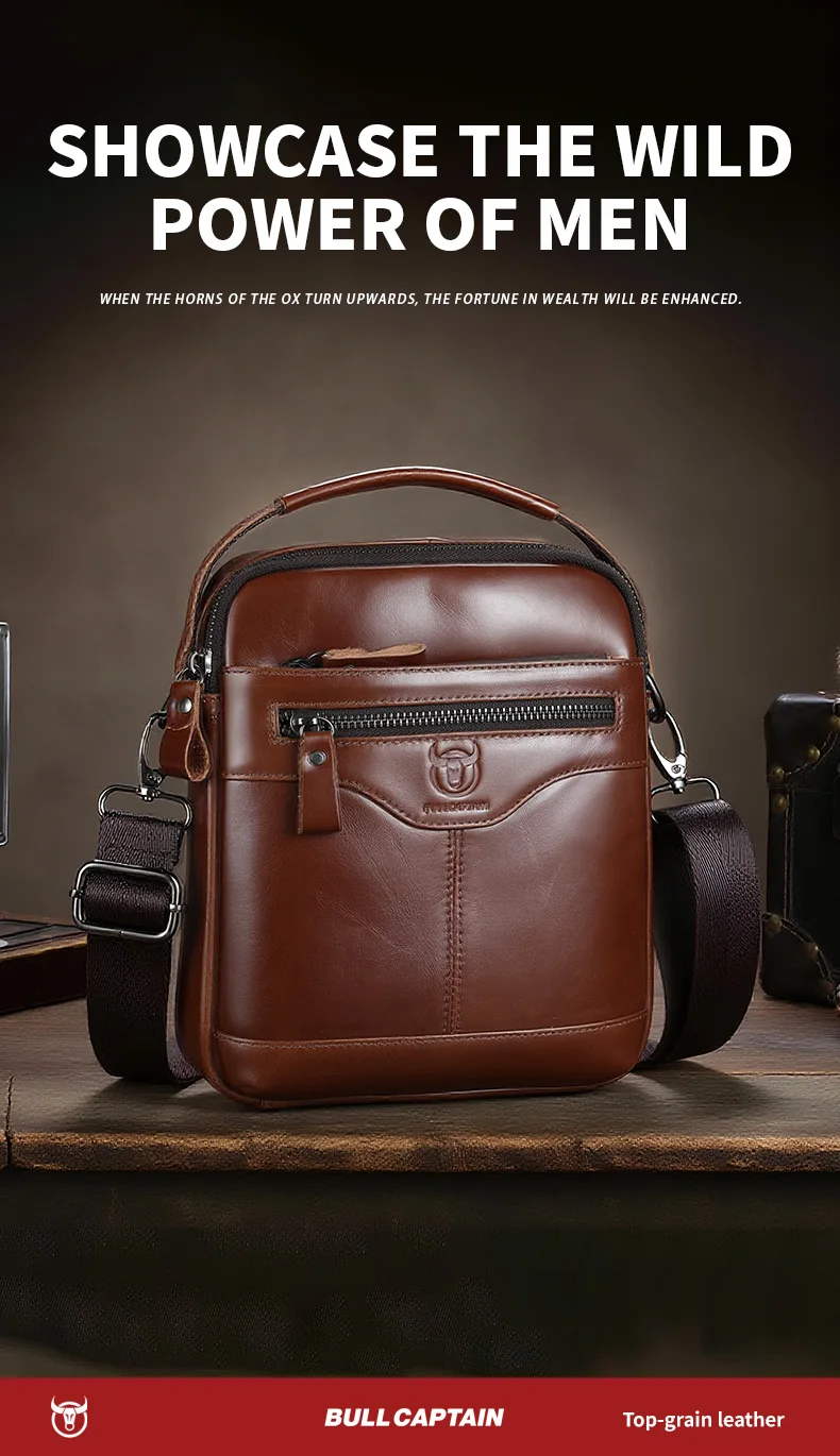 BULLCAPTAIN Men's crossbody bag, fashionable genuine leather bag, trendy retro men's top layer cowhide shoulder bag