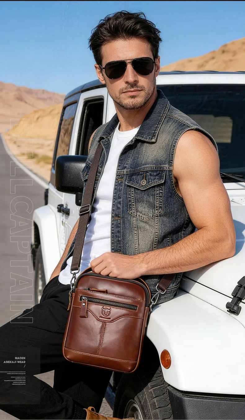 BULLCAPTAIN Men's crossbody bag, fashionable genuine leather bag, trendy retro men's top layer cowhide shoulder bag