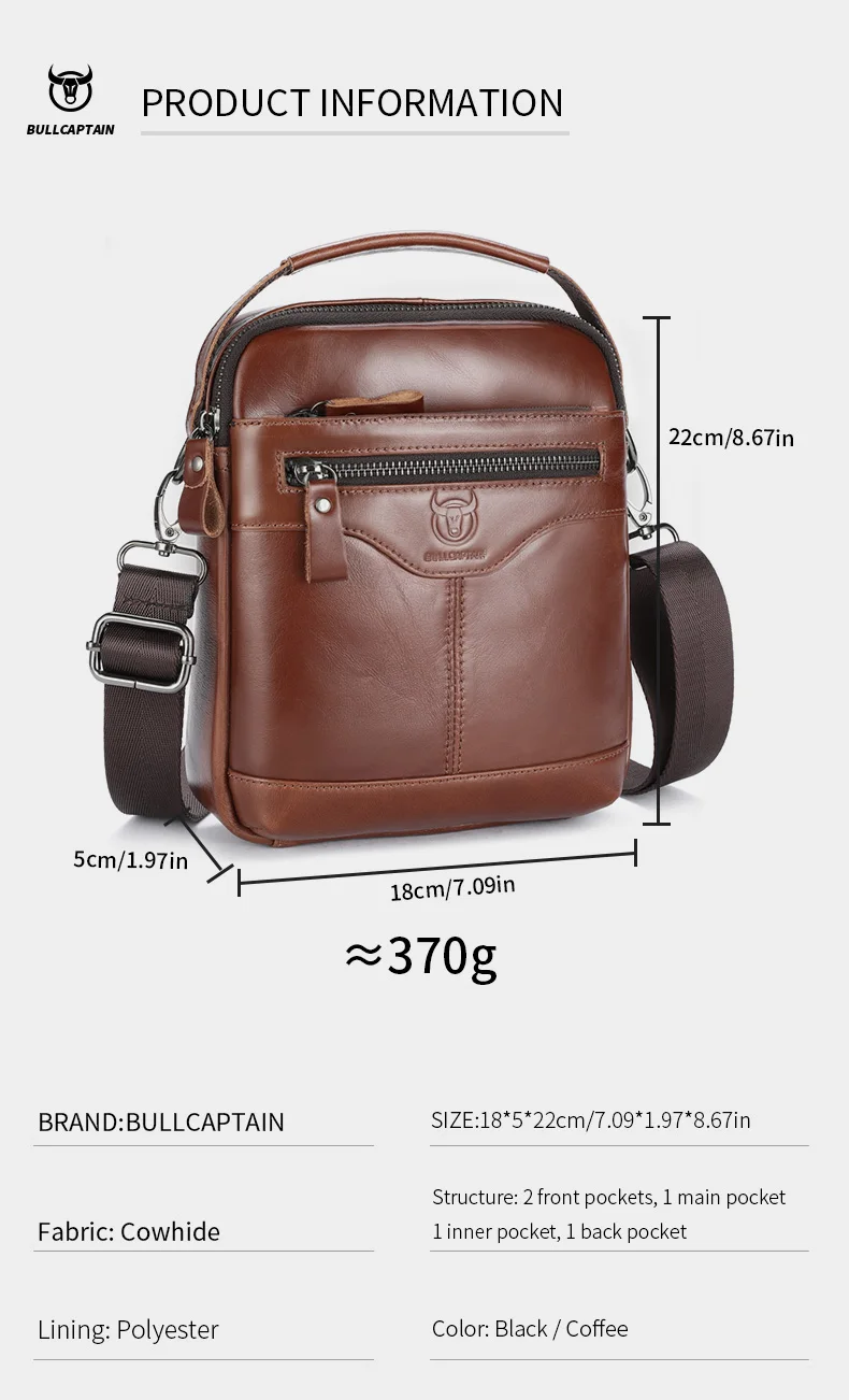 BULLCAPTAIN Men's crossbody bag, fashionable genuine leather bag, trendy retro men's top layer cowhide shoulder bag